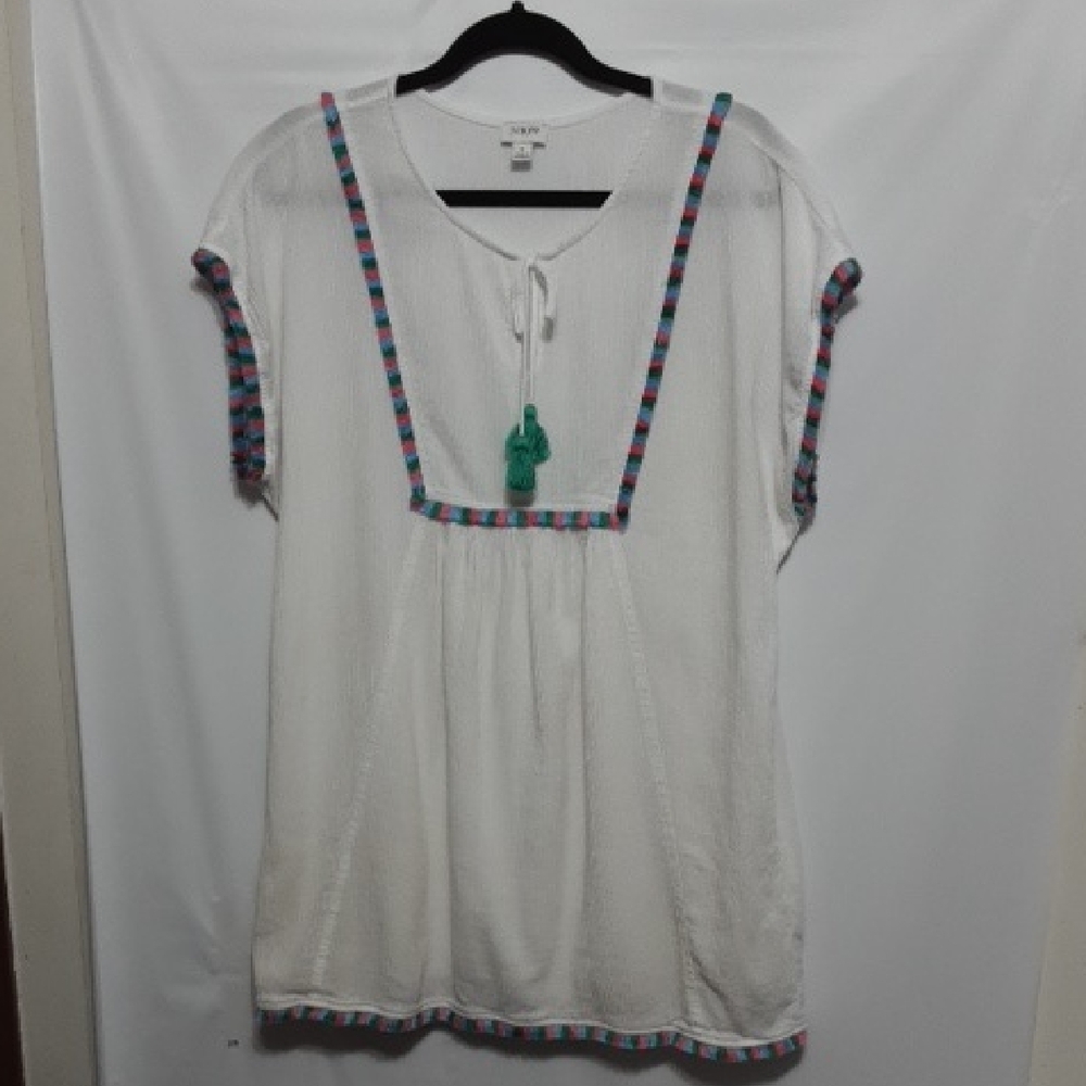 J. Crew White Embroidered Short Sleeve Peasant Top with‎ Multicolor Trim